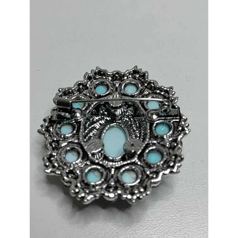 Oval 2 Tone Blue Rhinestone Brooch Fashion Brooch 2" X 1.75" 2 Layer - Picture 2 of 5
